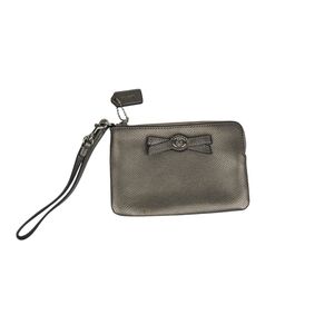 Coach metallic gray leather wristlet pouch bow detail